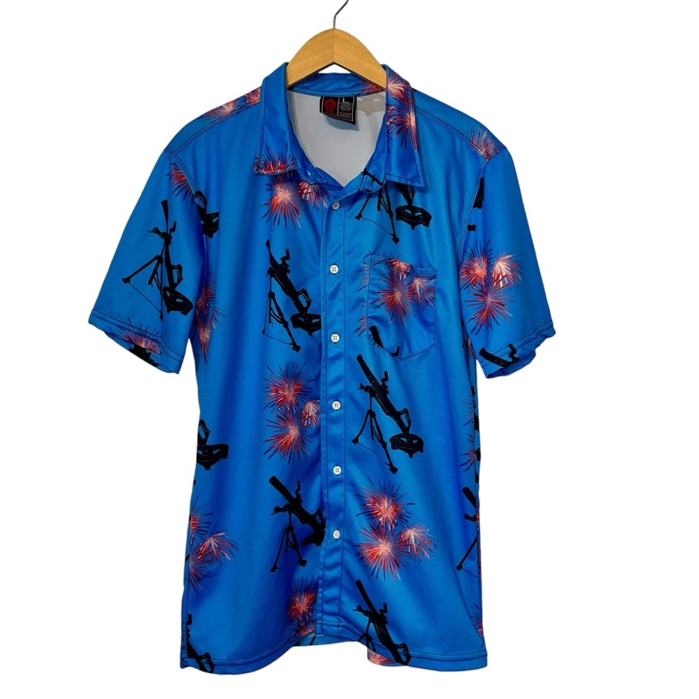 OAF Nation Floral Gun Casual Hawaiian Button Down Mens Shirt Large Blue Polo